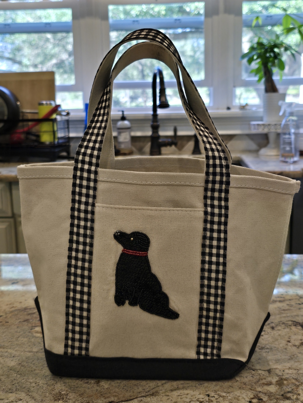 Anthropologie Hartley Canvas Tote W Beaded Blk Lab & Gingham Straps